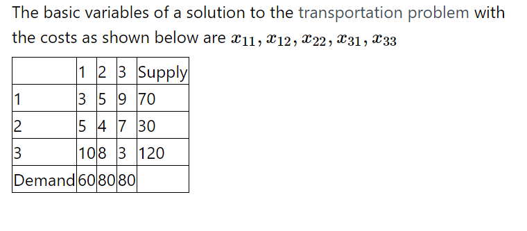 The basic variables of a solution to the transportation problem with
the costs as shown below are x11, x12, x22, x31, X33
1 2 3 Supply
1
3 5 9 70
2
5 4 7 30
108 3 120
Demand 60 8080
