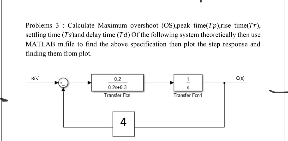 Problems 3 : Calculate Maximum overshoot (OS),peak time(Tp),rise time(Tr),
settling time (Ts)and delay time (Td) Of the following system theoretically then use
MATLAB m.file to find the above specification then plot the step response and
finding them from plot.
R(s)
0.2
C(s)
0.2s+0.3
Transfer Fcn
Transfer Fcn1
4
