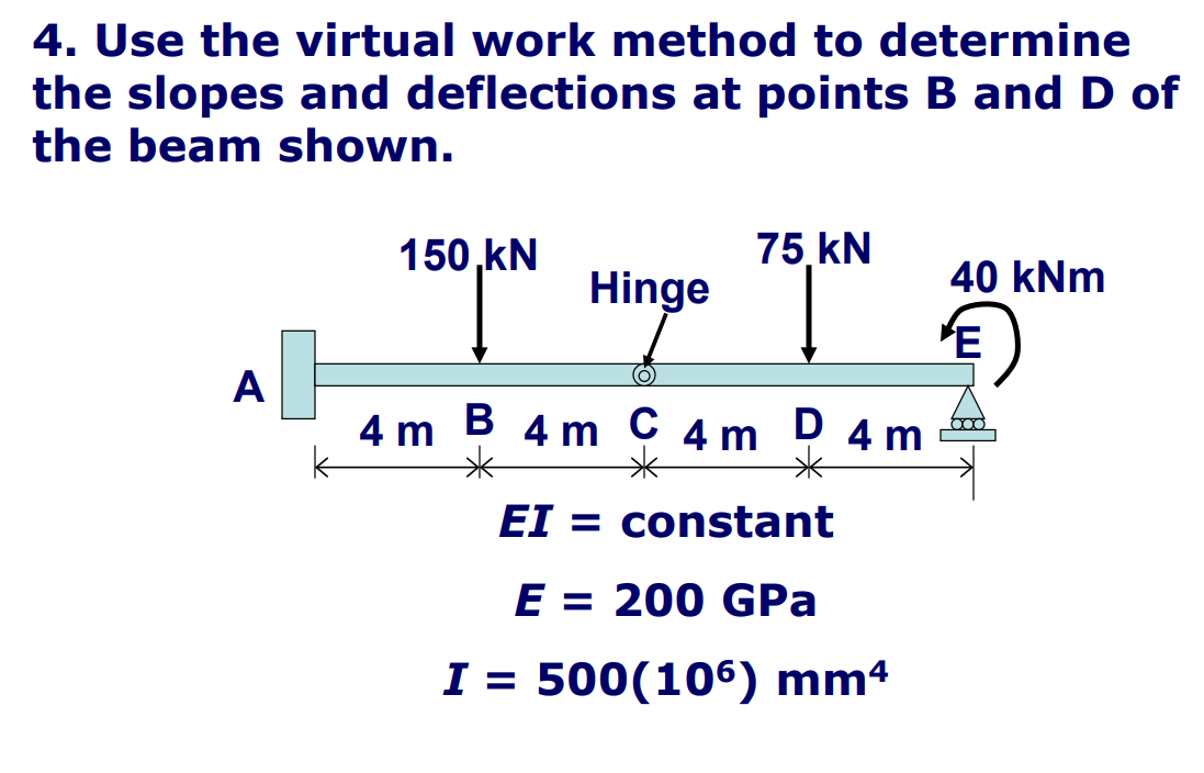 4. Use the virtual work method to determine
the slopes and deflections at points B and D of
the beam shown.
150,kN
75 kN
40 kNm
Hinge
'E
A
4 m
В 4m
C 4 m
D 4 m
EI = constant
E = 200 GPa
I = 500(106) mm4
