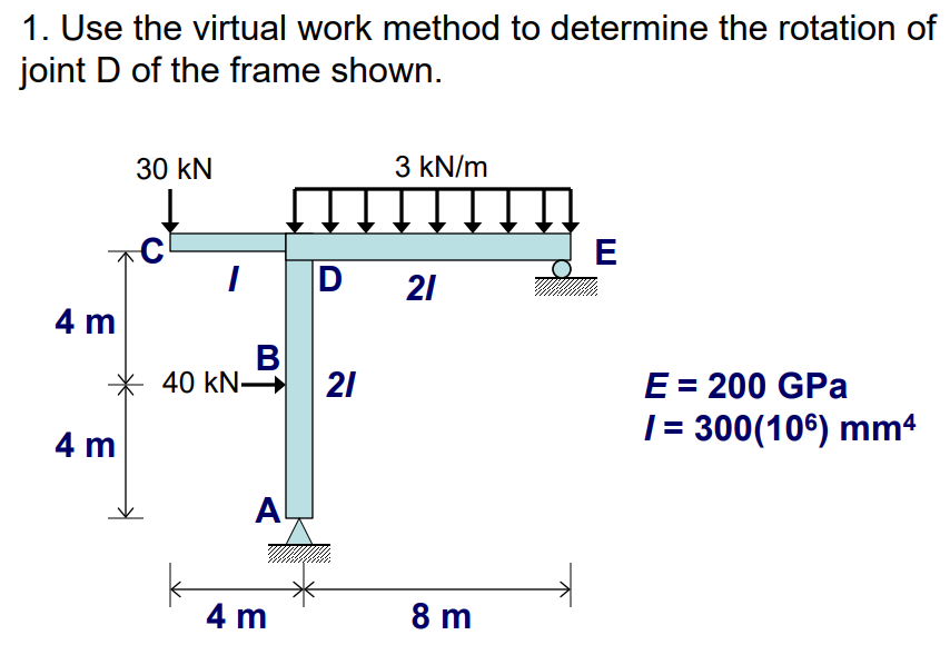 1. Use the virtual work method to determine the rotation of
joint D of the frame shown.
30 kN
3 kN/m
E
21
4 m
40 kN
E = 200 GPa
| = 300(106) mm4
21
4 m
Al
4 m
8 m
