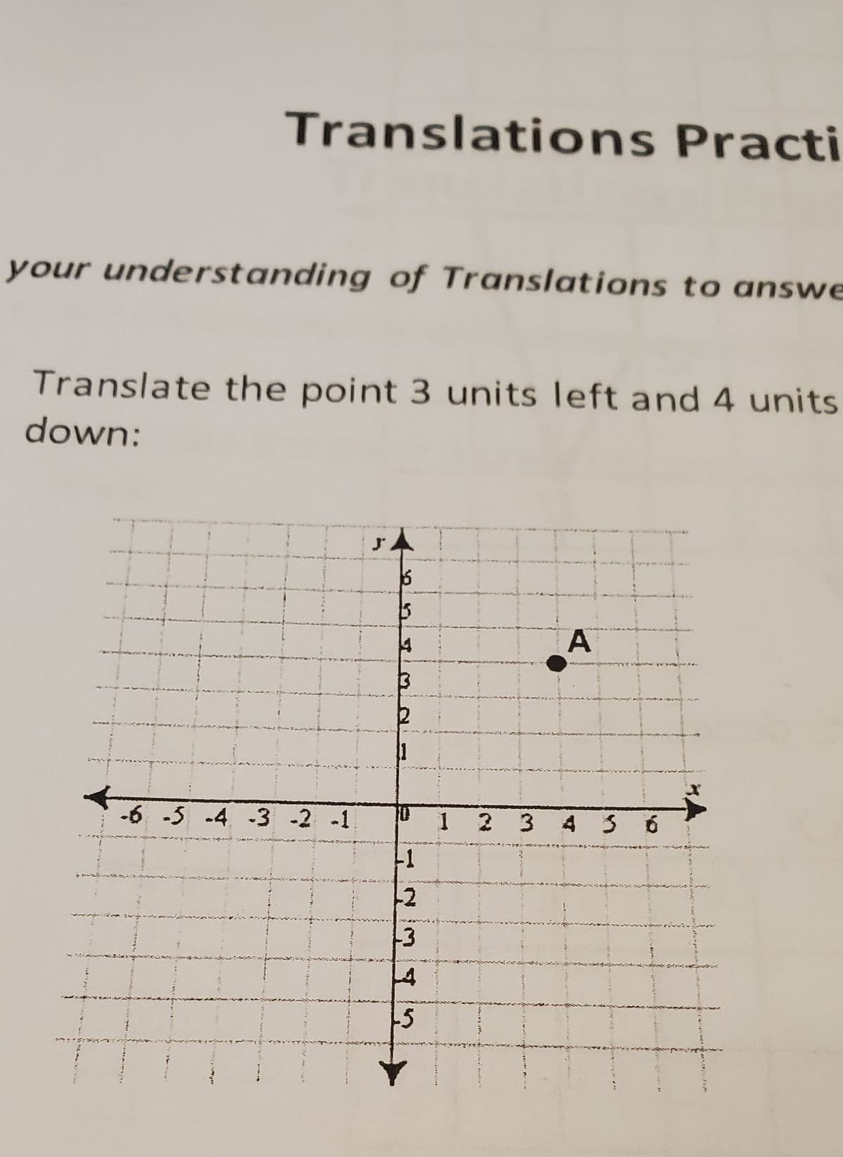 Translations Practi
your understanding of Translations to answe
Translate the point 3 units left and 4 units
down:
-6 -5 -4 -3 -2 -1
J.
15
15
14
3
+1
L2
L3
L4
-5
A
1 2 3 4 5 6
T