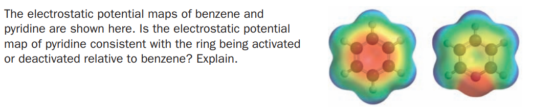 The electrostatic potential maps of benzene and
pyridine are shown here. Is the electrostatic potential
map of pyridine consistent with the ring being activated
or deactivated relative to benzene? Explain.
