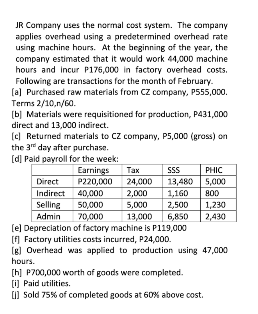JR Company uses the normal cost system. The company
applies overhead using a predetermined overhead rate
using machine hours. At the beginning of the year, the
company estimated that it would work 44,000 machine
hours and incur P176,000 in factory overhead costs.
Following are transactions for the month of February.
[a] Purchased raw materials from CZ company, P555,000.
Terms 2/10,n/60.
[b] Materials were requisitioned for production, P431,000
direct and 13,000 indirect.
[c] Returned materials to CZ company, P5,000 (gross) on
the 3rd day after purchase.
[d] Paid payroll for the week:
PHIC
Earnings
P220,000
Таx
SS
Direct
24,000
13,480
5,000
1,160
2,500
6,850
[e] Depreciation of factory machine is P119,000
[f] Factory utilities costs incurred, P24,000.
40,000
50,000
Indirect
2,000
5,000
13,000
800
Selling
1,230
2,430
Admin
70,000
[g] Overhead was applied to production using 47,000
hours.
[h] P700,000 worth of goods were completed.
[i] Paid utilities.
[j] Sold 75% of completed goods at 60% above cost.
