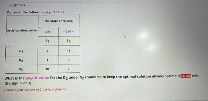 QUESTION 3
Consider the following payoff Table
Decision Alternative
D1
The State of Nature
0.84
1-0.84
S1
$2
3
11
3
9
D3
10
4
What is the payoff value for the D2 under S2 should be to keep the optimal solution always optimal?(Do not writ
the sign > or <)
(Round your answer to 2 decimal places)
D2