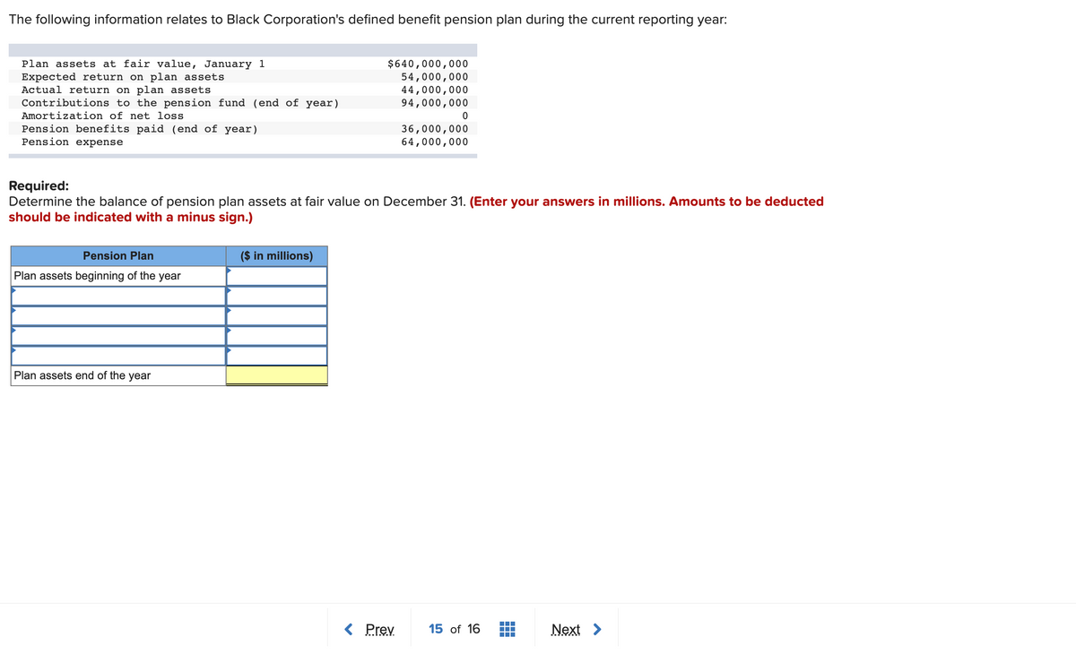 The following information relates to Black Corporation's defined benefit pension plan during the current reporting year:
Plan assets at fair value, January 1
Expected return on plan assets
Actual return on plan assets
Contributions to the pension fund (end of year)
$640,000,000
54,000,000
44,000,000
94,000,000
Amortization of net loss
Pension benefits paid (end of year)
Pension expense
36,000,000
64,000,000
Required:
Determine the balance of pension plan assets at fair value on December 31. (Enter your answers in millions. Amounts to be deducted
should be indicated with a minus sign.)
Pension Plan
($ in millions)
Plan assets beginning of the year
Plan assets end of the year
< Prev
15 of 16
Next >
