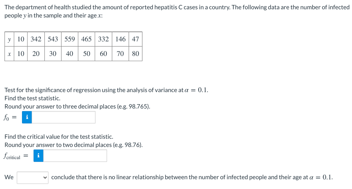 The department of health studied the amount of reported hepatitis C cases in a country. The following data are the number of infected
people y in the sample and their age x:
y 10 | 342 543
559 465
332 146 47
10
20
30
40
50
60
70
80
Test for the significance of regression using the analysis of variance at a = 0.1.
Find the test statistic.
Round your answer to three decimal places (e.g. 98.765).
fo
Find the critical value for the test statistic.
Round your answer to two decimal places (e.g. 98.76).
feritical
We
v conclude that there is no linear relationship between the number of infected people and their age at a = 0.1.
