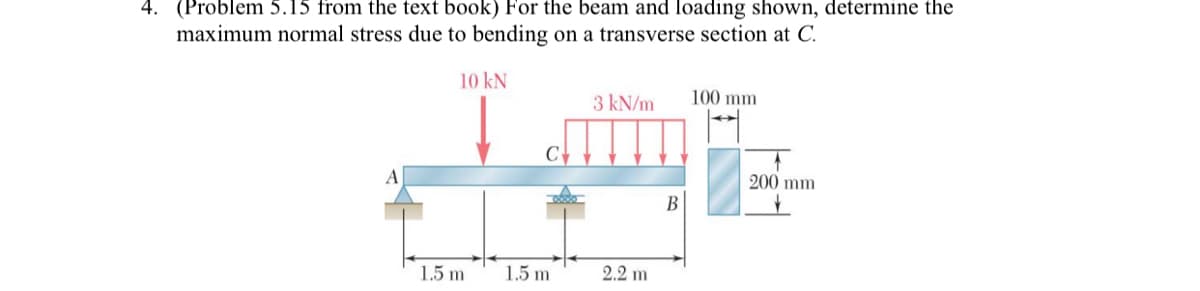 4. (Problem 5.15 from the text book) For the beam and loading shown, determine the
maximum normal stress due to bending on a transverse section at C.
10 kN
100 mm
3 kN/m
200 mm
1.5 m
1.5 m
2.2 m
