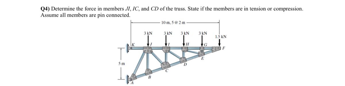 Q4) Determine the force in members JI, IC, and CD of the truss. State if the members are in tension or compression.
Assume all members are pin connected.
T
5m
10 m, 5 @2m
3 kN
3 kN 3 kN
T
H
G
科
E
3 kN
B
1.5 kN
F