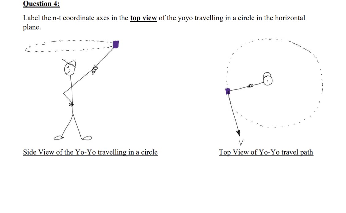 Question 4:
Label the n-t coordinate axes in the top view of the yoyo travelling in a circle in the horizontal
plane.
Side View of the Yo-Yo travelling in a circle
Top View of Yo-Yo travel path
