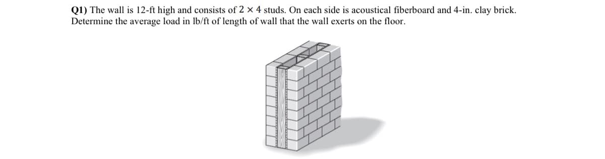 Q1) The wall is 12-ft high and consists of 2 x 4 studs. On each side is acoustical fiberboard and 4-in. clay brick.
Determine the average load in lb/ft of length of wall that the wall exerts on the floor.