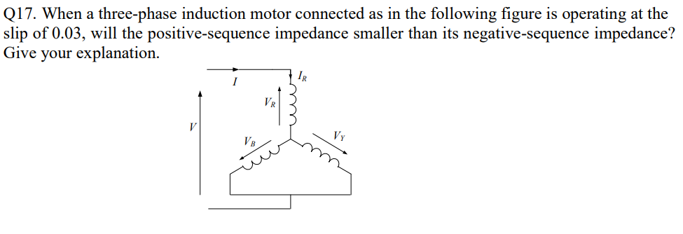 Q17. When a three-phase induction motor connected as in the following figure is operating at the
slip of 0.03, will the positive-sequence impedance smaller than its negative-sequence impedance?
Give your explanation.
IR
I
VR
V
Vy
