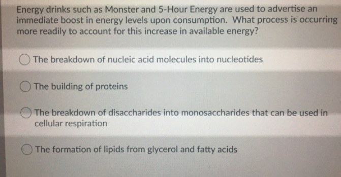 Energy drinks such as Monster and 5-Hour Energy are used to advertise an
immediate boost in energy levels upon consumption. What process is occurring
more readily to account for this increase in available energy?
The breakdown of nucleic acid molecules into nucleotides
The building of proteins
The breakdown of disaccharides into monosaccharides that can be used in
cellular respiration
O The formation of lipids from glycerol and fatty acids
