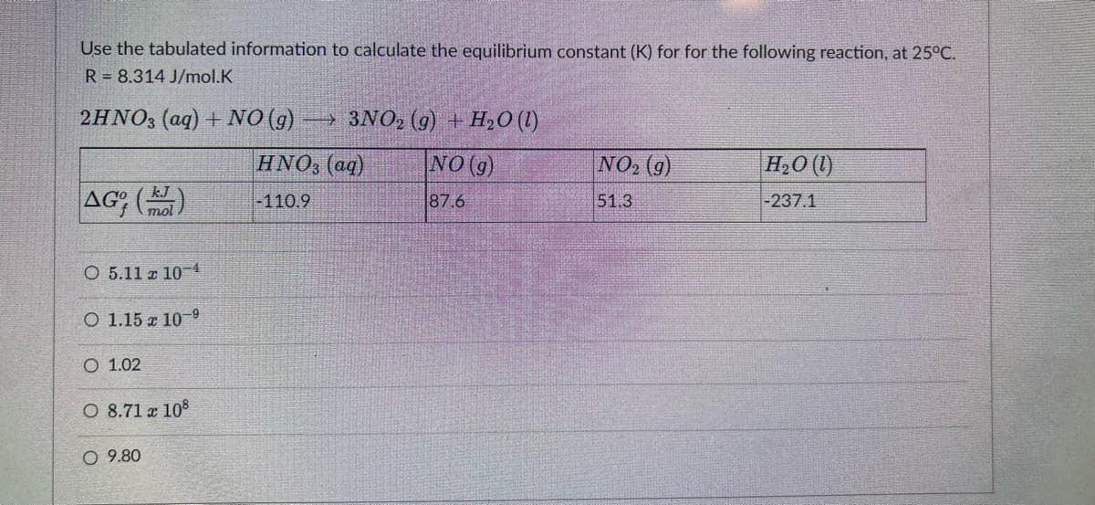 Use the tabulated information to calculate the equilibrium constant (K) for for the following reaction, at 25°C.
R= 8.314 J/mol.K
2HNO3(aq) + NO (g)
→ ) 3NO,(g) +H,O(l)
NO (g)
NO₂ (g)
H₂O (1)
AG()
87.6
51.3
-237.1
O 5.11 z 10-4
O 1.15 x 10-9
O 1.02
O 8.71 x 108
O 9.80
HNO3(aq)
-110.9