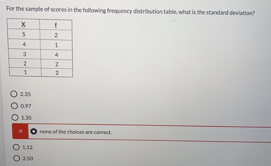 For the sample of scores in the following frequency distribution table, what is the standard deviation?
f
2
4
1
4
2
2.35
0.97
1.35
none of the choices are correct.
1.12
2.50
