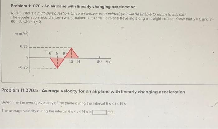 Problem 11.070- An airplane with linearly changing acceleration
NOTE: This is a multi-part question. Once an answer is submitted, you will be unable to return to this part.
The acceleration record shown was obtained for a small airplane traveling along a straight course. Know that x = 0 and v=
60 m/s when t7 0.
a (m/s)
0.75
0
-0.75
6 8 10
12 14
20 t(s)
Problem 11.070.b - Average velocity for an airplane with linearly changing acceleration
Determine the average velocity of the plane during the interval 6 s <t<14 s.
The average velocity during the interval 6 s <t<14 sis[ m/s.