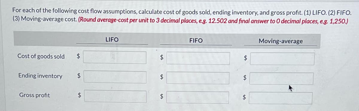 For each of the following cost flow assumptions, calculate cost of goods sold, ending inventory, and gross profit. (1) LIFO. (2) FIFO.
(3) Moving-average cost. (Round average-cost per unit to 3 decimal places, e.g. 12.502 and final answer to 0 decimal places, e.g. 1,250.)
Cost of goods sold $
Ending inventory
Gross profit
$
$
LIFO
$
$
$
FIFO
$
$
$
Moving-average