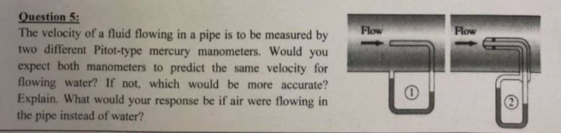 Question 5:
The velocity of a fluid flowing in a pipe is to be measured by
two different Pitot-type mercury manometers. Would you
expect both manometers to predict the same velocity for
flowing water? If not, which would be more accurate?
Explain. What would your response be if air were flowing in
the pipe instead of water?
Flow
0
Flow