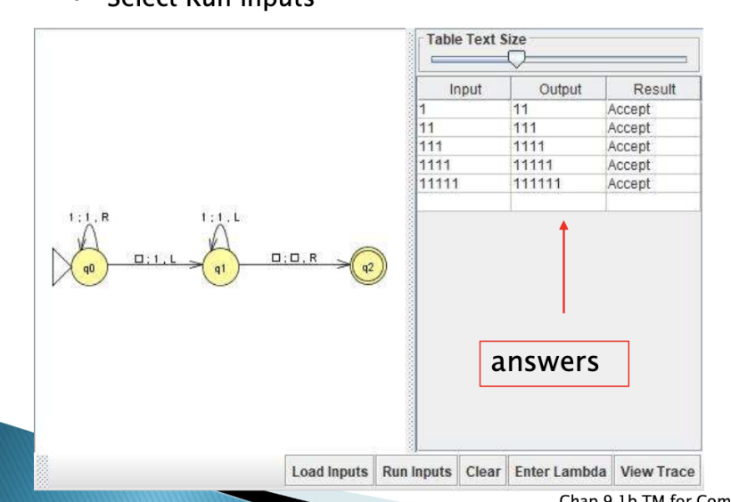 1:1, R
SA
0:1.L
90
1:1. L
q1
0:0,R
q2
Table Text Size
Input
1
11
111
1111
11111
Output
11
111
1111
11111
111111
answers
Result
Accept
Accept
Accept
Accept
Accept
Load Inputs Run Inputs Clear Enter Lambda View Trace
Chan 9 1h TM for Com