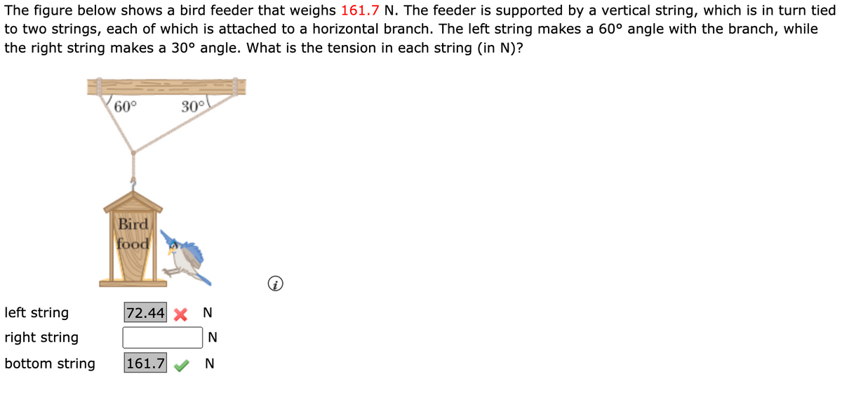 The figure below shows a bird feeder that weighs 161.7 N. The feeder is supported by a vertical string, which is in turn tied
to two strings, each of which is attached to a horizontal branch. The left string makes a 60° angle with the branch, while
the right string makes a 30° angle. What is the tension in each string (in N)?
left string
right string
bottom string
60°
Bird
food
30°
72.44 X N
N
161.7
N