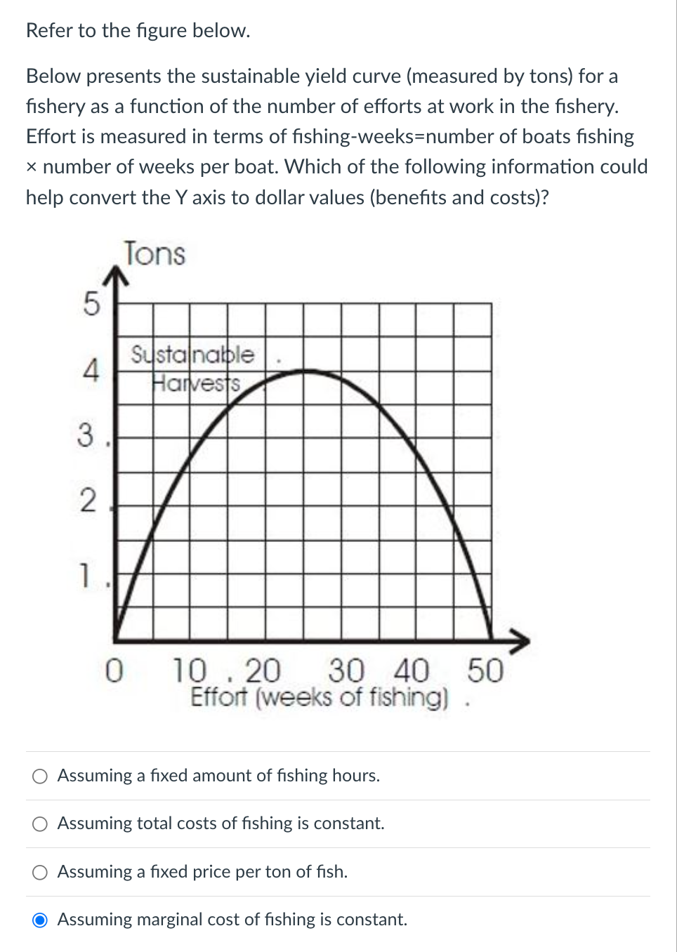 Refer to the figure below.
Below presents the sustainable yield curve (measured by tons) for a
fishery as a function of the number of efforts at work in the fishery.
Effort is measured in terms of fishing-weeks=number of boats fishing
x number of weeks per boat. Which of the following information could
help convert the Y axis to dollar values (benefits and costs)?
Tons
Systalnatble
4
Harvests
3.
1
10.20
Effort (weeks of fishing) .
30 40 50
Assuming a fixed amount of fishing hours.
Assuming total costs of fishing is constant.
Assuming a fixed price per ton of fish.
Assuming marginal cost of fishing is constant.
