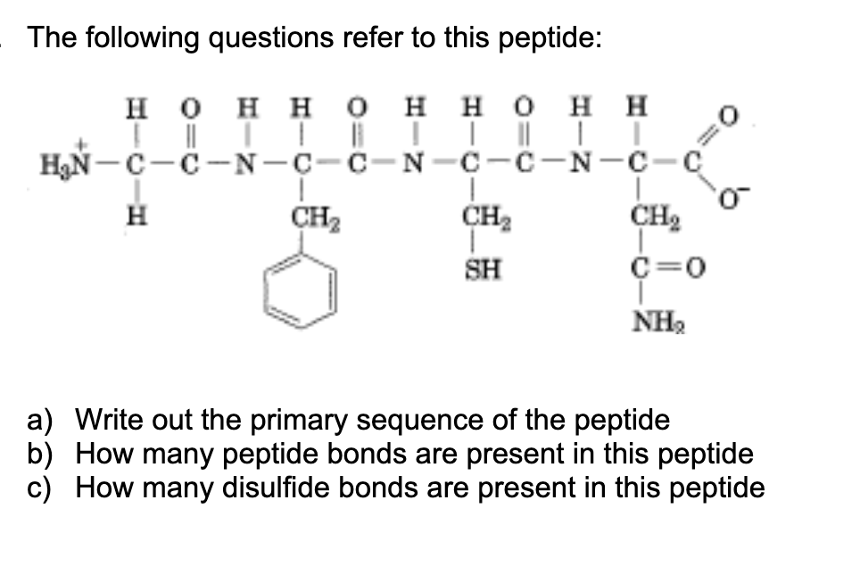The following questions refer to this peptide:
HOHHO
|| TT 11
HH OHH
II
H₂N-C-C-N-C-C-N-C-C-N-C-C
H
CH₂
1
CH₂
SH
CH₂
C=0
NH₂
0
a) Write out the primary sequence of the peptide
b) How many peptide bonds are present in this peptide
c) How many disulfide bonds are present in this peptide