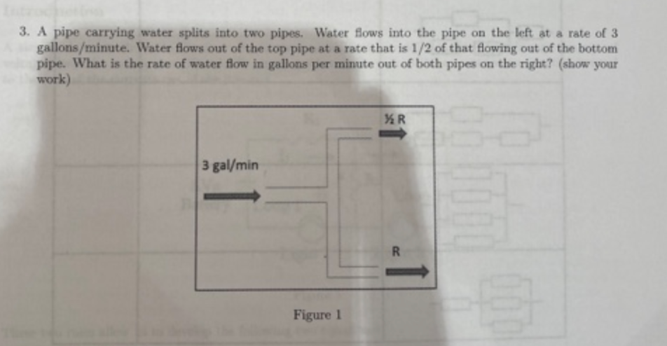 3. A pipe carrying water splits into two pipes. Water flows into the pipe on the left at a rate of 3
gallons/minute. Water flows out of the top pipe at a rate that is 1/2 of that flowing out of the bottom
pipe. What is the rate of water flow in gallons per minute out of both pipes on the right? (show your
work)
3 gal/min
Figure 1
½R
R