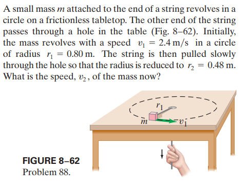 A small mass m attached to the end of a string revolves in a
circle on a frictionless tabletop. The other end of the string
passes through a hole in the table (Fig. 8–62). Initially,
the mass revolves with a speed v = 2.4 m/s in a circle
of radius r, = 0.80 m. The string is then pulled slowly
through the hole so that the radius is reduced to r, = 0.48 m.
What is the speed, v,, of the mass now?
FIGURE 8–62
Problem 88.
