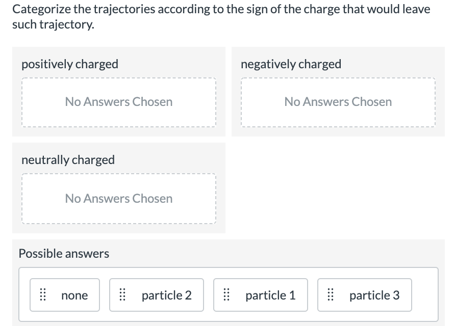 Categorize the trajectories according to the sign of the charge that would leave
such trajectory.
positively charged
negatively charged
No Answers Chosen
No Answers Chosen
neutrally charged
No Answers Chosen
Possible answers
| particle 2
I particle 1
I particle 3
none
...:
