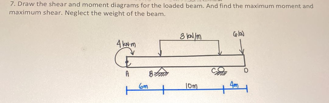 7. Draw the shear and moment diagrams for the loaded beam. And find the maximum moment and
maximum shear. Neglect the weight of the beam.
4 kv.m
A
Br
+
6m
3 kN/m
10m
+
6 KN
4m
0