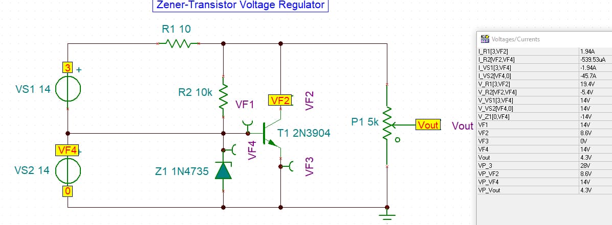 VS1 14
VS2 14
3
+
VF4
Zener-Transistor Voltage Regulator
R1 10
R2 10k
Z1 1N4735
M
II
VF1
VF4 (
VF2
VF2
T1 2N3904
Y
VF3
P1 5k
Vout
St Voltages/Currents
I_R1[3.VF2]
I_R2[VF2,VF4]
I_VS1[3,VF4]
I_VS2[VF4,0]
V_R1[3,VF2]
V_R2[VF2,VF4]
V_VS1[3,VF4]
V_VS2[VF4,0]
V
V_Z1[0,VF4]
Vout VF1
V
VF2
M
VF3
VF4
Vout
VP_3
VP_VF2
VP VF4
VP_Vout
1.94A
-539.53uA
-1.944
-45.7A
19.4V
-5.4V
www
14V
www
14V
149
-14V
14V
8.6V
D
OV
14V
4.3V
28V
8.6V
14V
4.3V