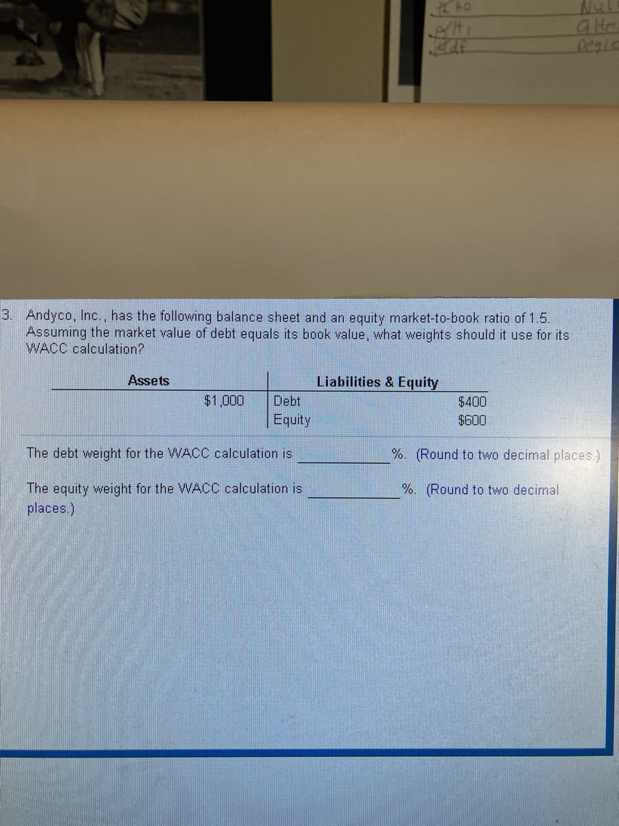 Pegie
3. Andyco, Inc., has the following balance sheet and an equity market-to-book ratio of 1.5.
Assuming the market value of debt equals its book value, what weights should it use for its
WACC calculation?
Assets
Liabilities & Equity
$1,000
Debt
$400
Equity
$600
The debt weight for the WACC calculation is
%. (Round to two decimal places.)
The equity weight for the WACC calculation is
places.)
%. (Round to two decimal
