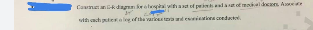 Construct an E-R diagram for a hospital with a set of patients and a set of medical doctors., Associate
with each patient a log of the various tests and examinations conducted.
