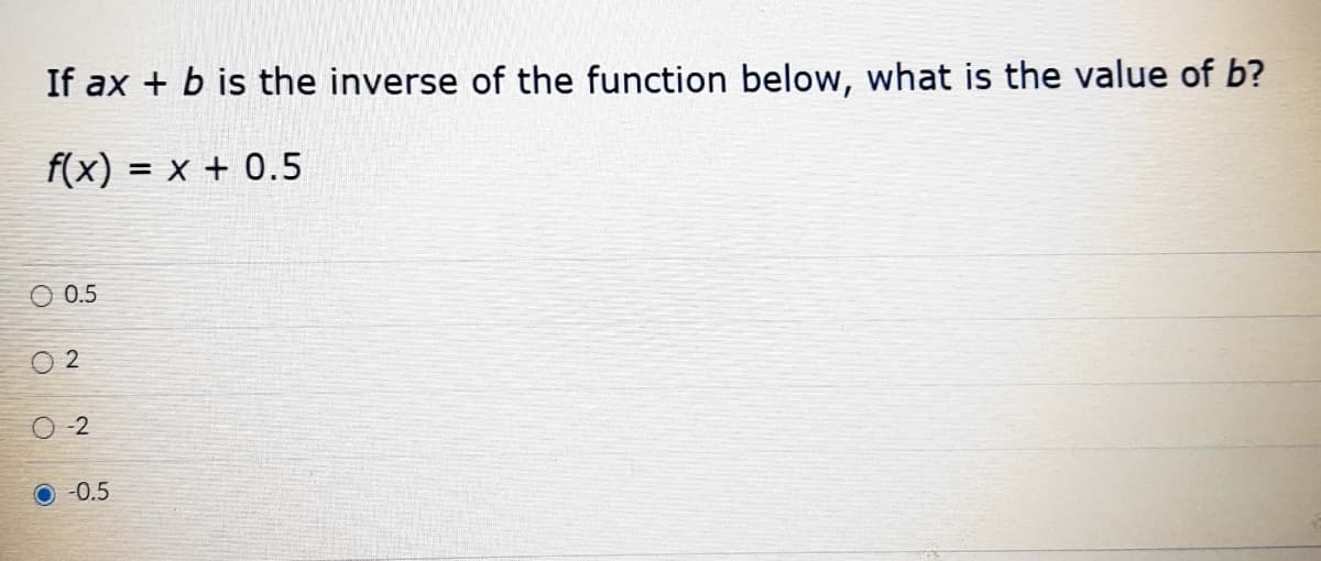 If ax + b is the inverse of the function below, what is the value of b?
f(x) = x + 0.5
%3D
O 0.5
O 2
O-2
-0.5
