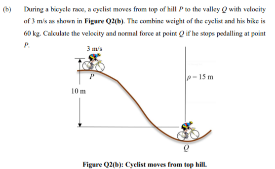 (b)
During a bicycle race, a cyclist moves from top of hill P to the valley Q with velocity
of 3 m/s as shown in Figure Q2(b). The combine weight of the cyclist and his bike is
60 kg. Calculate the velocity and normal force at point Q if he stops pedalling at point
Р.
3 m/s
p= 15 m
10 m
Figure Q2(b): Cyclist moves from top hill.
