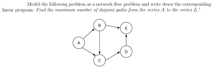 Model the following problem as a network flow problem and write down the corresponding
linear program: Find the maximum number of disjoint paths from the vertex A to the verlex D.'
E
A