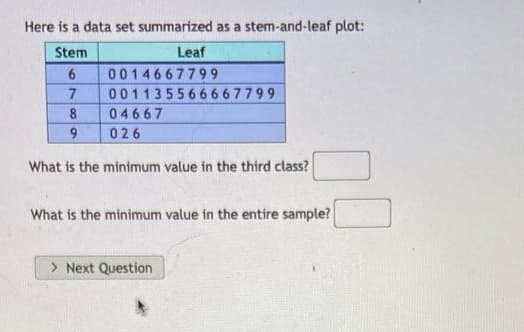 Here is a data set summarized as a stem-and-leaf plot:
Stem
Leaf
0014667799
001135566 667799
8
04667
026
What is the minimum value in the third class?
What is the minimum value in the entire sample?
> Next Question
