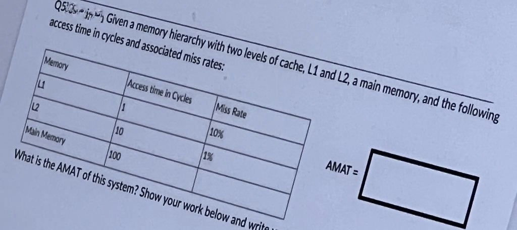 Q5:35i Given a memory hierarchy with two levels of cache, L1 and L2, a main memory, and the following
access time in cycles and associated miss rates:
Memory
Access time in Cycles
Miss Rate
L
11
10%
AMAT=
L2
10
1%
Main Memory
100
What is the AMAT of this system? Show your work below and write