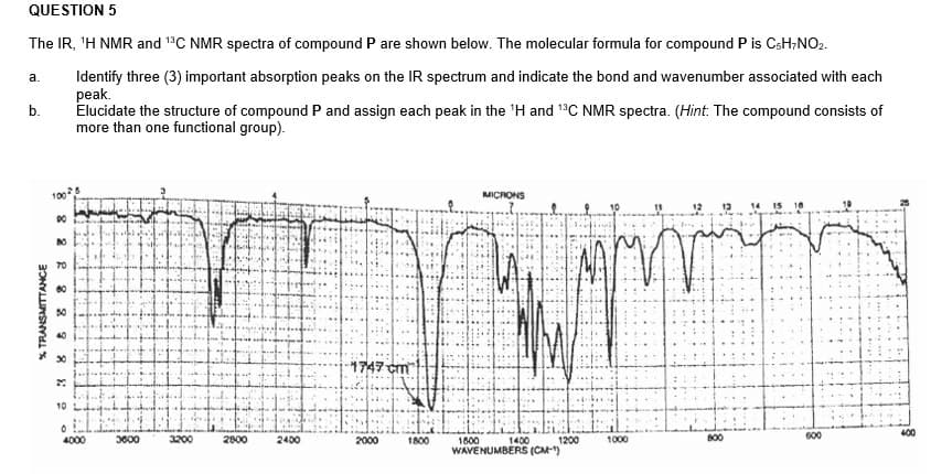 QUESTION 5
The IR, 'H NMR and 1C NMR spectra of compound P are shown below. The molecular formula for compound P is CsH;NO2.
Identify three (3) important absorption peaks on the IR spectrum and indicate the bond and wavenumber associated with each
peak.
Elucidate the structure of compound P and assign each peak in the 'H and 1C NMR spectra. (Hint: The compound consists of
more than one functional group).
а.
b.
MICRONS
13
14 15 18
50
40
30
1747
10
800
600
400
4000
3600
3200
2800
2400
2000
1800
1000
1400
WAVENUMBERS (CM-)
1600
1200
% TRANSMITTANCE
