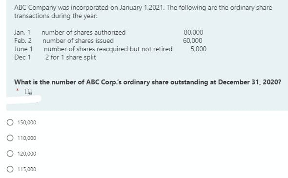 ABC Company was incorporated on January 1,2021. The following are the ordinary share
transactions during the year:
Jan. 1
Feb. 2
June 1
Dec 1
150,000
O 110,000
What is the number of ABC Corp.'s ordinary share outstanding at December 31, 2020?
120,000
number of shares authorized
number of shares issued
number of shares reacquired but not retired
2 for 1 share split
O 115,000
80,000
60,000
5,000