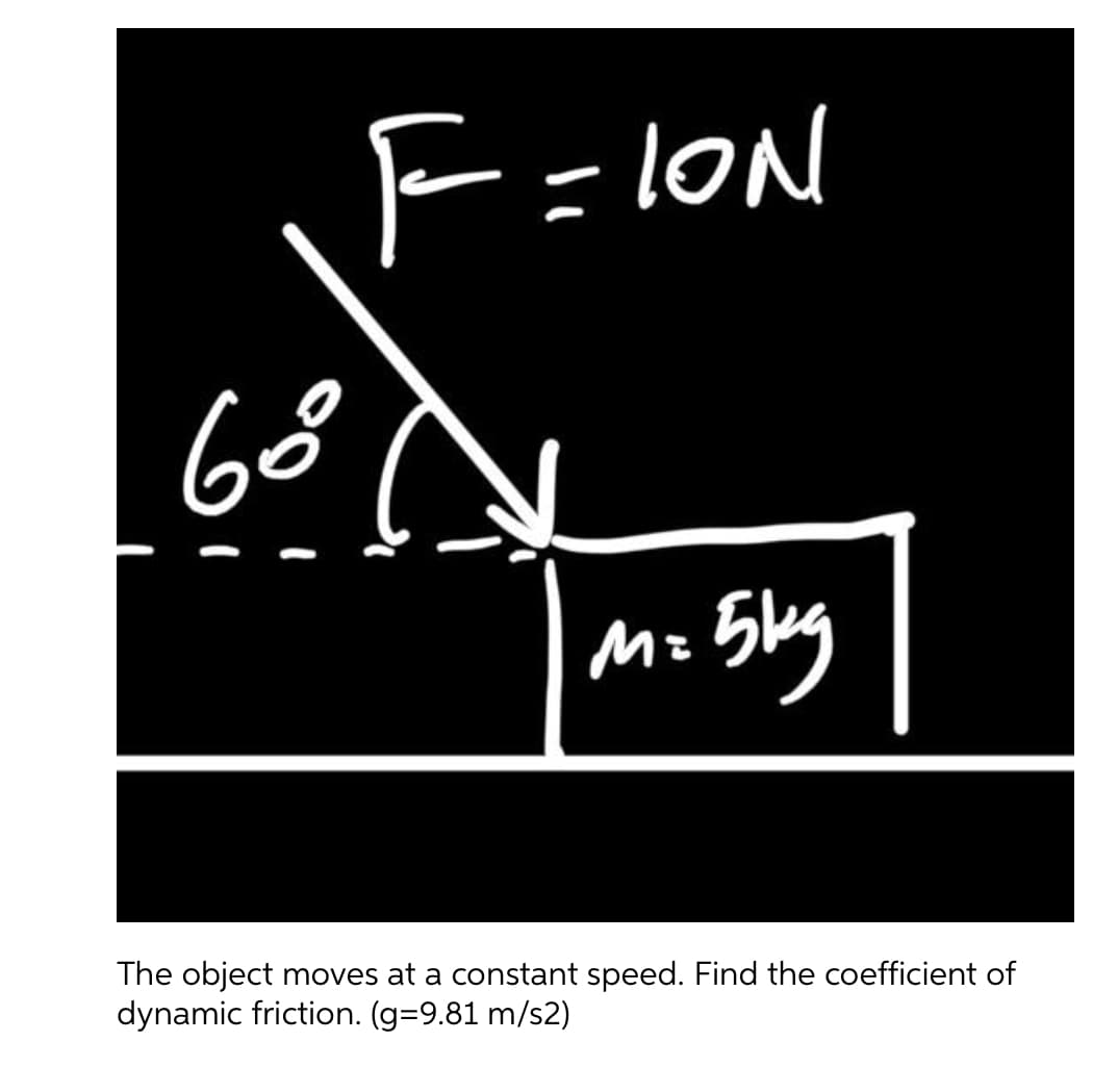 F=lON
68
Mz Skg
The object moves at a constant speed. Find the coefficient of
dynamic friction. (g=9.81 m/s2)

