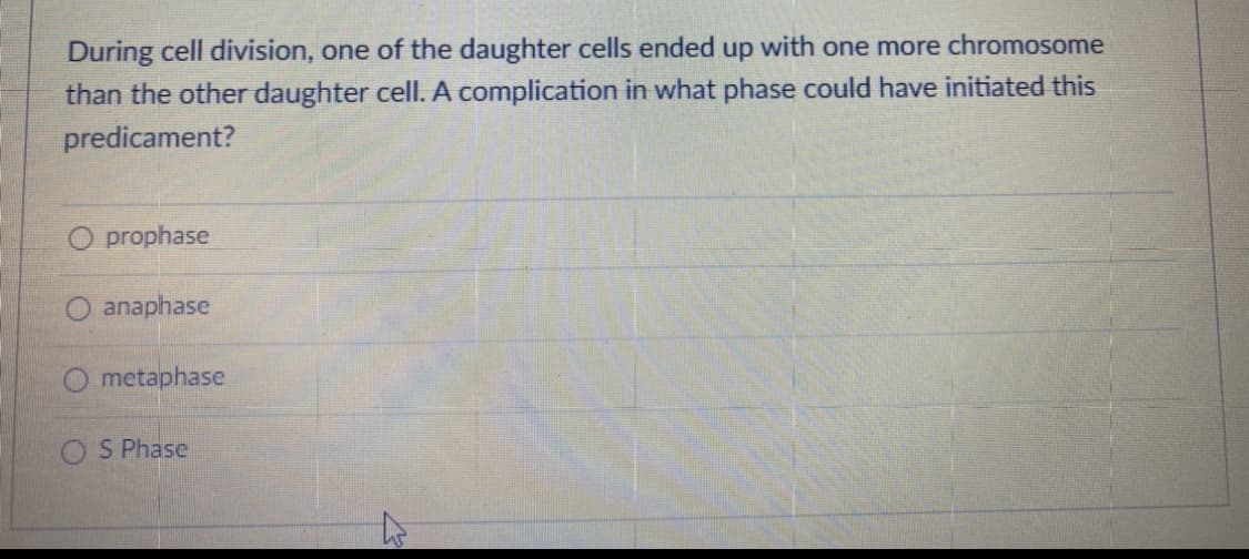 During cell division, one of the daughter cells ended up with one more chromosome
than the other daughter cell. A complication in what phase could have initiated this
predicament?
O prophase
O anaphase
O metaphase
S Phase
