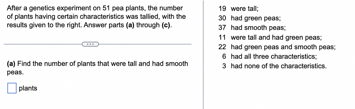 After a genetics experiment on 51 pea plants, the number
of plants having certain characteristics was tallied, with the
results given to the right. Answer parts (a) through (c).
(a) Find the number of plants that were tall and had smooth
peas.
plants
19 were tall;
30 had green peas;
37 had smooth peas;
11 were tall and had green peas;
22
6
3
had green peas and smooth peas;
had all three characteristics;
had none of the characteristics.