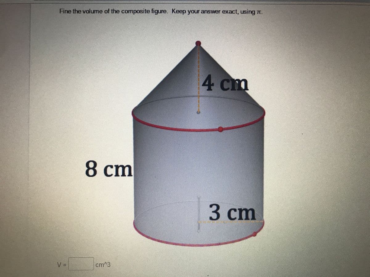 Fine the volume of the composite figure. Keep your answer exact, using
T.
4 ст
cm
8 cm
cm
V.
cm^3
