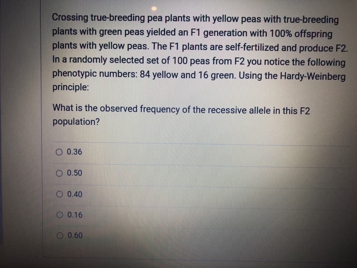 Crossing true-breeding pea plants with yellow peas with true-breeding
plants with green peas yielded an F1 generation with 100% offspring
plants with yellow peas. The F1 plants are self-fertilized and produce F2.
In a randomly selected set of 100 peas from F2 you notice the following
phenotypic numbers: 84 yellow and 16 green. Using the Hardy-Weinberg
principle:
What is the observed frequency of the recessive allele in this F2
population?
0.36
0.50
0.40
0.16
0.60