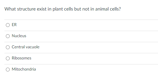 What structure exist in plant cells but not in animal cells?
ER
Nucleus
Central vacuole
Ribosomes
O Mitochondria
