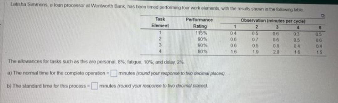 Latisha Simmons, a loan processor at Wentworth Bank, has been timed performing four work elements, with the results shown in the following table
Observation (minutes per cycle)
2
3
4
05
0.7
05
Task
Element
1
2
3
4
Performance
Rating
115%
90%
90%
80%
The allowances for tasks such as this are personal, 8%, fatigue, 10%, and delay, 2%
a) The normal time for the complete operation = minutes (round your response to two decimal places)
b) The standard time for this process = minutes (round your response to two decimal places).
1
04
0.6
06
1.6
1.9
0.6
0.6
08
2.0
0.3
0.5
04
16
5
05
0.6
04
1.5