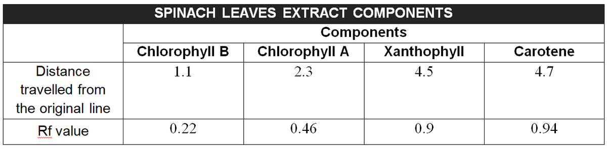 SPINACH LEAVES EXTRACT COMPONENTS
Components
Chlorophyll B
Chlorophyll A
Xanthophyll
Carotene
Distance
1.1
2.3
4.5
4.7
travelled from
the original line
Rf value
0.22
0.46
0.9
0.94
