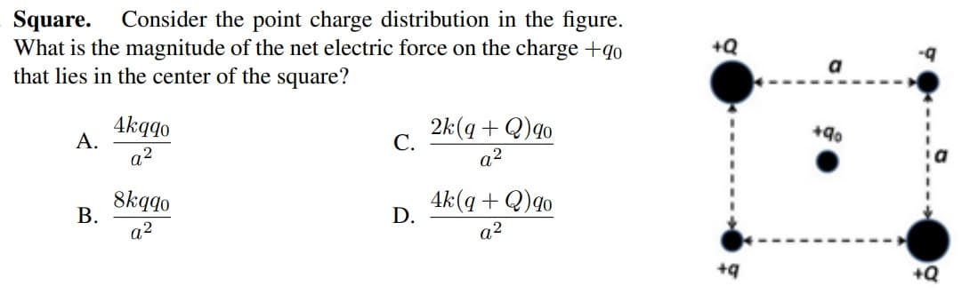 Consider the point charge distribution in the figure.
Square.
What is the magnitude of the net electric force on the charge +qo
that lies in the center of the square?
+Q
a
4kqgo
2k(q + Q)q0
С.
+90
А.
a?
a2
8kqqo
В.
4k(q + Q)qo
D.
a2
a2
+9
+Q
