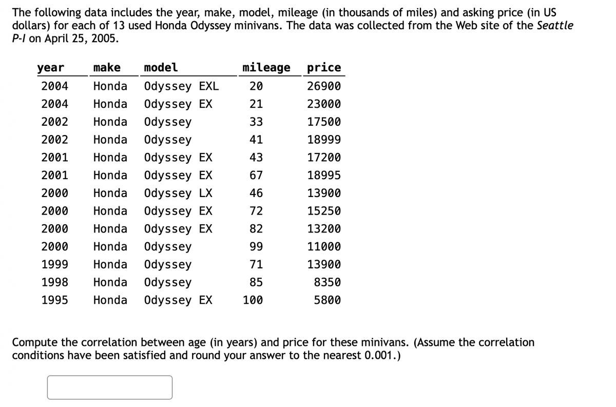 The following data includes the year, make, model, mileage (in thousands of miles) and asking price (in US
dollars) for each of 13 used Honda Odyssey minivans. The data was collected from the Web site of the Seattle
P-I on April 25, 2005.
year
make
model
mileage price
2004
Honda
Odyssey EXL
20
26900
2004
Honda
Odyssey EX
21
23000
2002
Honda
Odyssey
33
17500
2002
Honda
Odyssey
41
18999
2001
Honda
Odyssey EX
43
17200
2001
Honda
Odyssey EX
67
18995
2000
Honda
Odyssey LX
46
13900
2000
Honda
Odyssey EX
72
15250
2000
Honda
Odyssey EX
82
13200
2000
Honda
Odyssey
99
11000
1999
Honda
Odyssey
71
13900
1998
Honda
Odyssey
85
8350
1995
Honda
Odyssey EX
100
5800
Compute the correlation between age (in years) and price for these minivans. (Assume the correlation
conditions have been satisfied and round your answer to the nearest 0.001.)
