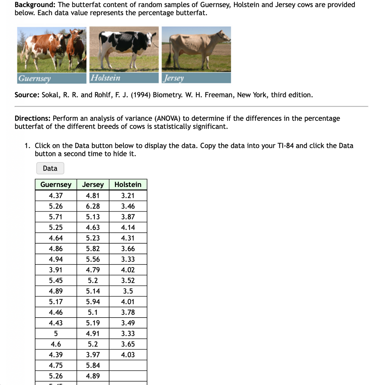 Background: The butterfat content of random samples of Guernsey, Holstein and Jersey cows are provided
below. Each data value represents the percentage butterfat.
Guernsey
Holstein
Jersey
Source: Sokal, R. R. and Rohlf, F. J. (1994) Biometry. W. H. Freeman, New York, third edition.
Directions: Perform an analysis of variance (ANOVA) to determine if the differences in the percentage
butterfat of the different breeds of cows is statistically significant.
1. Click on the Data button below to display the data. Copy the data into your TI-84 and click the Data
button a second time to hide it.
Data
Guernsey
Jersey
Holstein
4.37
4.81
3.21
5.26
6.28
3.46
5.71
5.13
3.87
5.25
4.63
4.14
4.64
5.23
4.31
4.86
5.82
3.66
4.94
5.56
3.33
3.91
4.79
4.02
5.45
5.2
3.52
4.89
5.14
3.5
5.17
5.94
4.01
4.46
5.1
3.78
4.43
5.19
3.49
4.91
3.33
4.6
5.2
3.65
4.39
3.97
4.03
4.75
5.84
5.26
4.89
